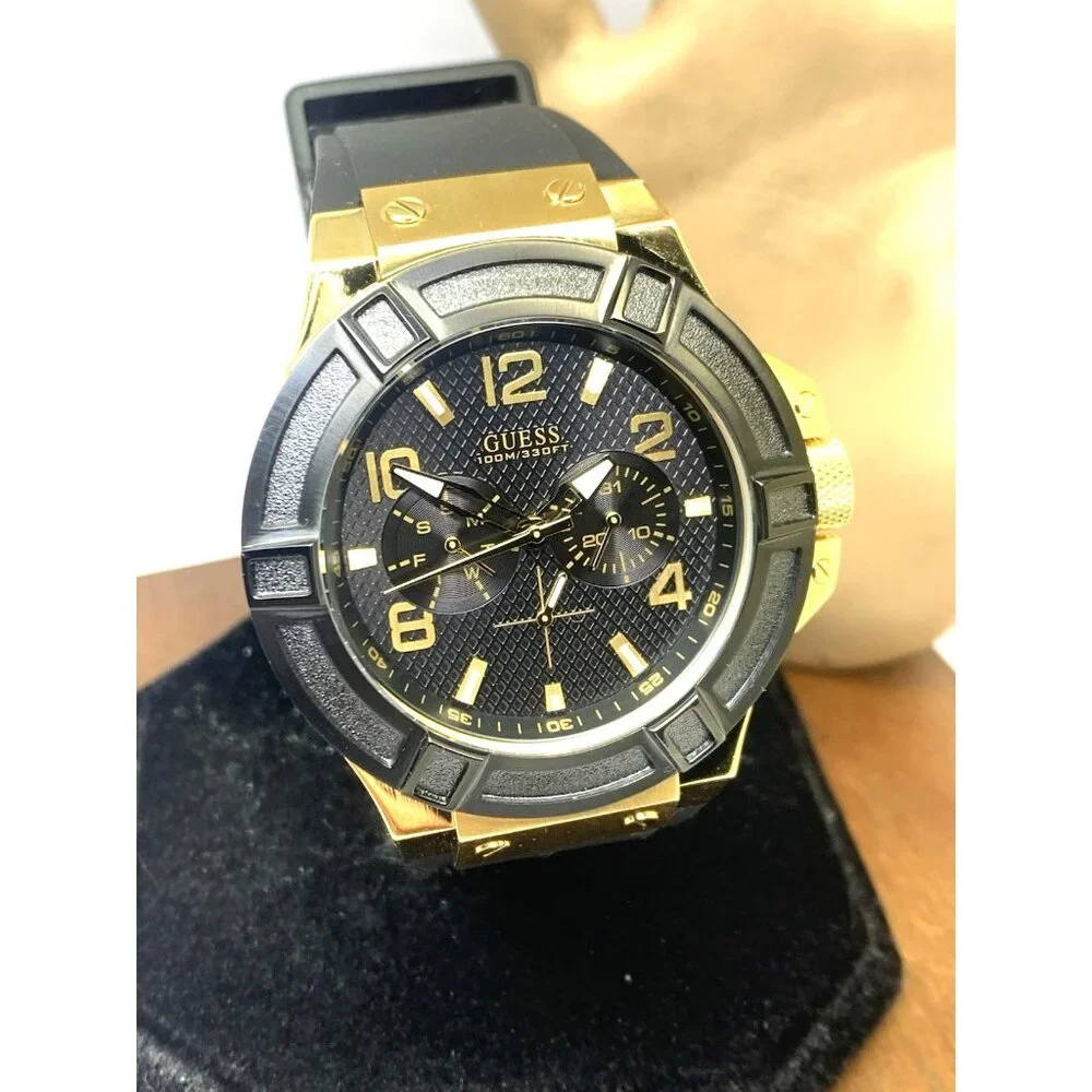 Guess Men's Watch U0247G6 Quartz Black Dial Gold Steel Rubber Strap 45mm